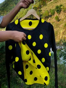 Polka Dotted Black And Yello Ribbed Top