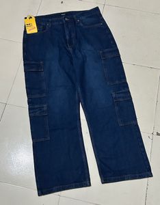 Men's Indigo Blue Washed Straight Fit CargoJeans
