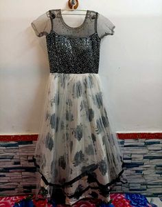 Two-Tone Dress with Sequin Bodice and Floral Skirt