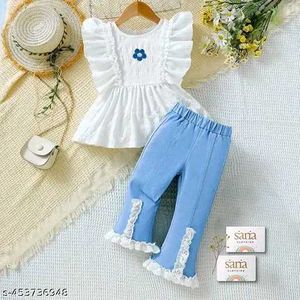 Ruffle Top &amp; Soft Denim Pant Set For Girls