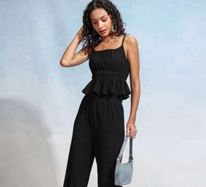 Black StripedShoulder Straps Neck Peplum Top🖤