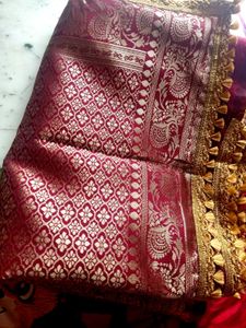 Maroon &amp; Gold Floral Banarasi Silk Sari