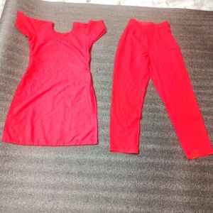 Kurti Pant Set With Red Shimmery Shrug