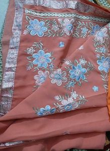 Peach Embroidered Saree For Woman