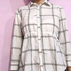 White Strip Cinched Waist Top