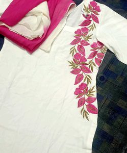 White Kurti with Floral Embroidery And Dupatta