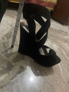 US Size 6 Orange Color Sandals &amp; Black Wedges