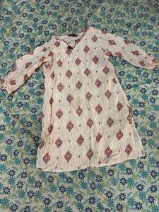White Rayon Short Kurta With Brown Print