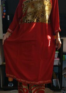 Red &amp; Animal Print Kurta Set
