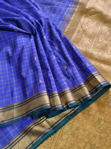 Blue And Golden  Checked Saree