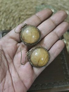Vintage Pure Brass Natural Stone Earrings