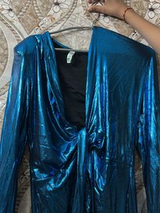 Dark Blue Metallic Plunging Neck Dress