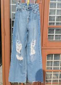 Blue Ribbed Wide Leg Jeans