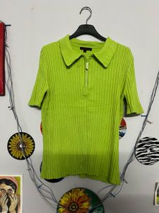 Green Ribbed Knit Zip-Up Top