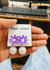 Purple Flower Pearl Drop Earrings