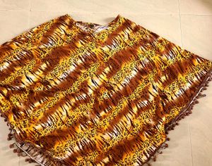 Animal Print Poncho with Pom-Pom Trim