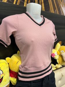 Mauve Varsity-Inspired Ribbed Knit Top