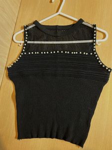Black Mesh Top With Pearls