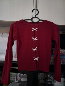 Red Ribbon Tie Long Sleeve Top