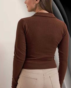 Brown Ribbed Long Sleeve Polo Top