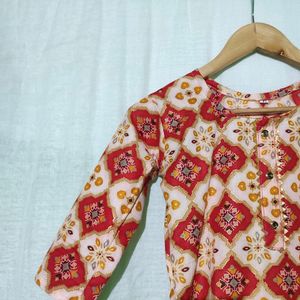 Cream And Red Foil Printed Kurti