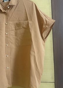 Outryt Beige Boxy Casual Shirt With Pearl Buttons