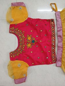Pink &amp; Yellow Embroidered Top With Skirt