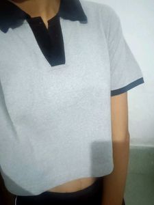Grey &amp; Black Cropped Polo Shirt
