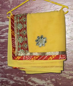 Yellow Marbel Fabric Saree With Gota Work