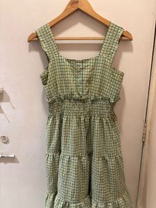 Beautiful Green Plaid Tiered Midi Dress