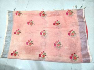 Peach Linen Saree with Floral Embroidery