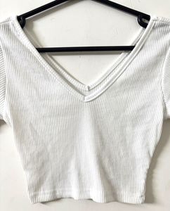 White Ribbed V-Neck Crop Top