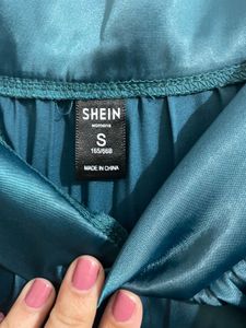 Teal Satin Pleated Skirt