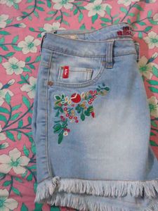 Floral Embroidered Denim Shorts