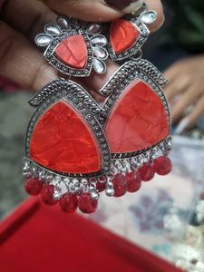 Red Stone Silver Dangle Earrings