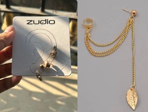 Comboo Of Gold Drop Leaf Tassel Ear Cuffs & Studs