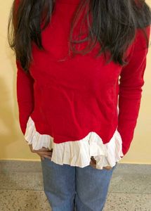 Red Ruffle Hem Sweater