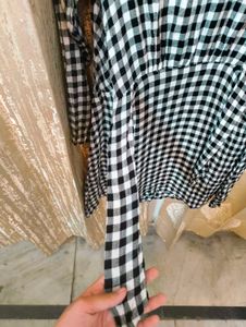 Checked A-line Dress With Back Tie Up