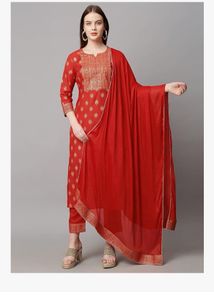 Elegant Red Kurta Set with Dupatta and Pyjama