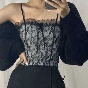Y2K Black Floral Lace Top Ruffles Sexy Tank