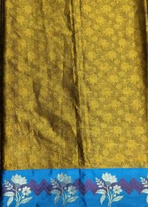 Unused Golden Colour Saree With Blue Border