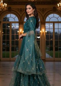 {M}Enchanting Teal &amp; Gold Embroidered Tiered Gown