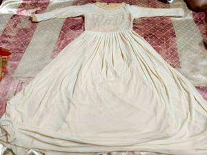 Elegant Cream Anarkali Gown Pearl Net Dupatta