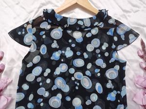 Frilled Neck Bubble Printed See-through top