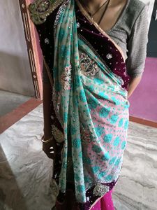 Heavy Women Cyan And Pink StoneWork Saree