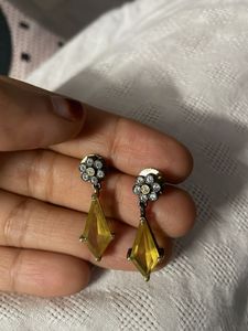 Yellow Crystal And American Diamond Drop Earrings