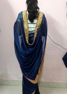 NET Saree With Blouse (Nevy Blue Colour)