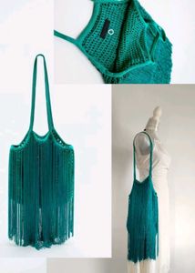 Zara Teal Crochet Fringe Coachella Bag