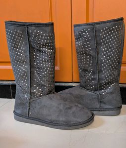 Embellished Grey Long Boots