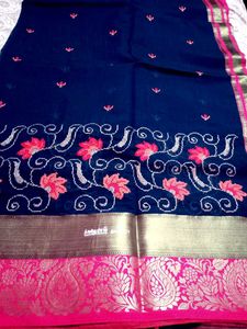 Embroidered Navy Saree with Pink Border